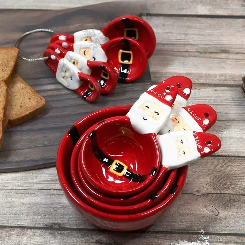 Kitchen Baking Kit - 4 ชิ้นคริสต์มาสช้อนวัดชุด 3D มือวาดชามเซรามิคถ้วยตวง, เบเกอรี่ DIY