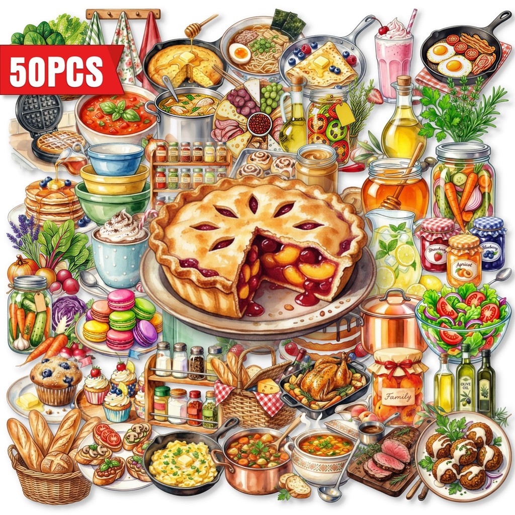 Baking (Kitchen Ingredient) - สติกเกอร์ใส PET สำหรับอาหารในครัว 50 ชิ้น ลายขนมอบตะวันตก